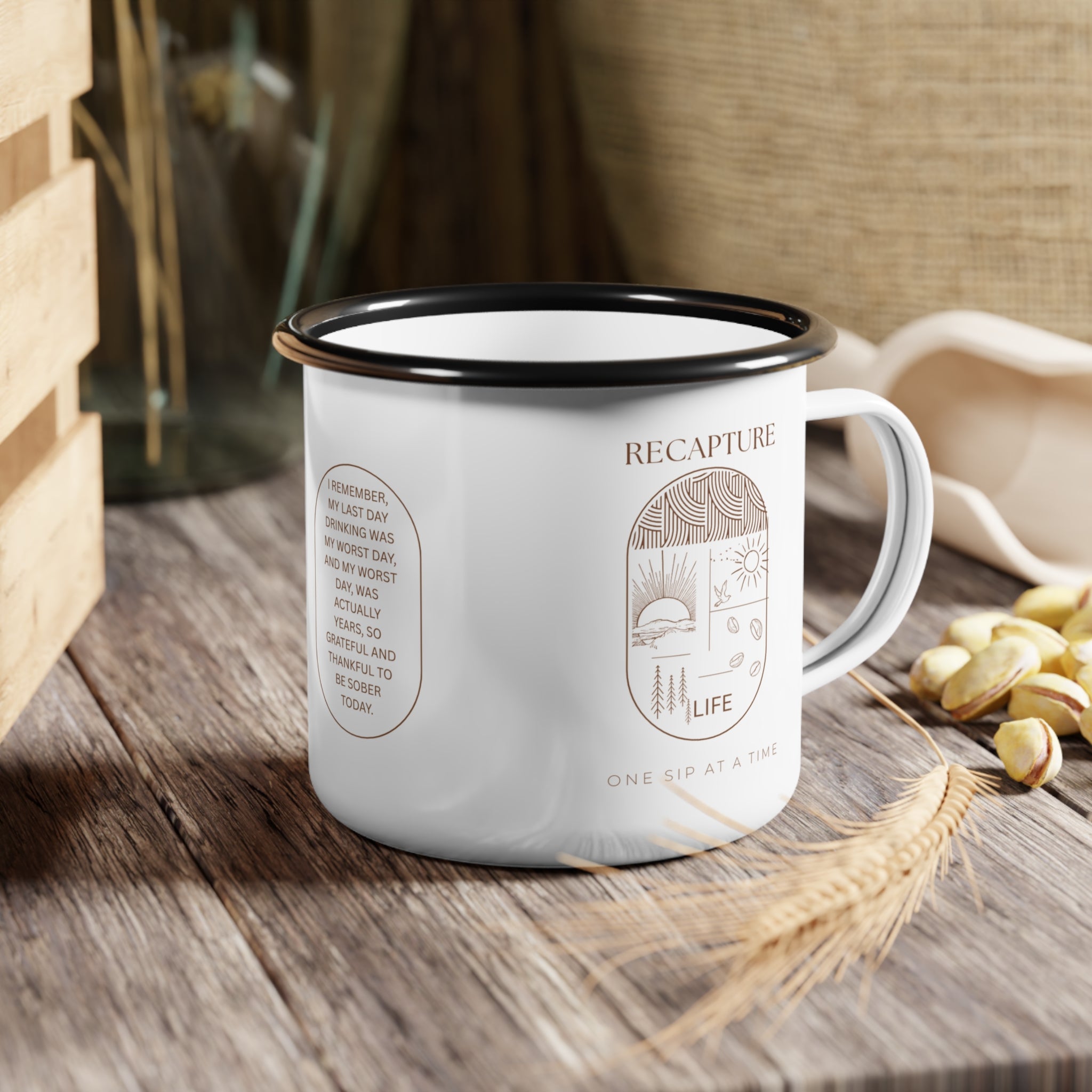 Enamel Camp Mug With Grateful For Recovery Message