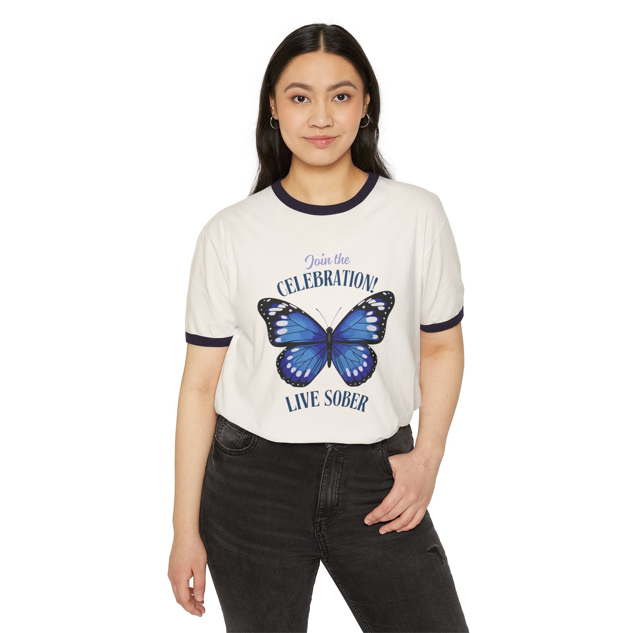 Sober Renewal Ringer T-Shirt — "New Life Living Sober, Free from Addiction"