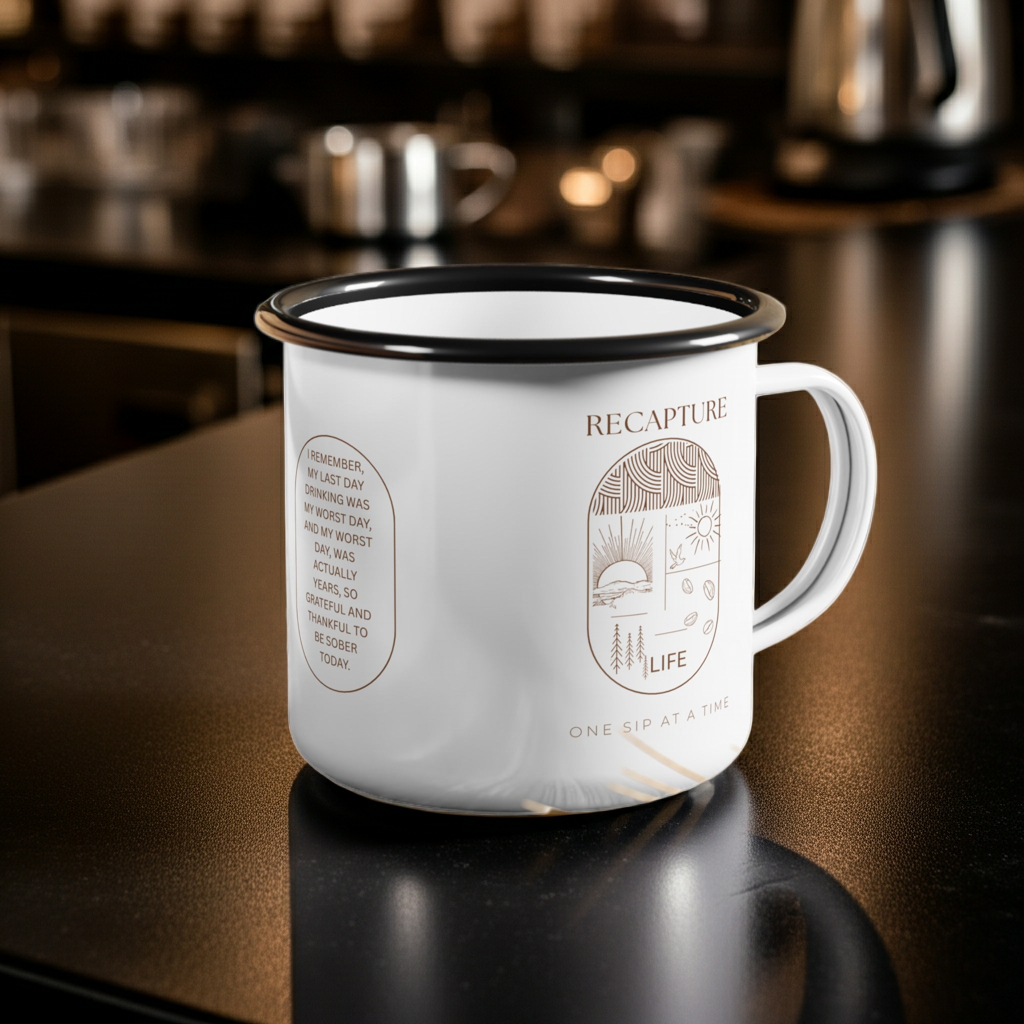 Enamel Camp Mug With Grateful For Recovery Message